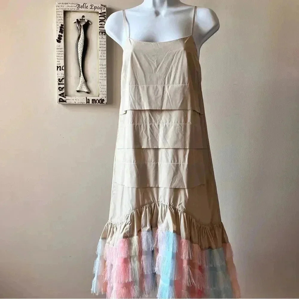JOURDEN Beige Tie Dye Fringe Flapper Whimsical Midi Sleeveless Dress Size 4